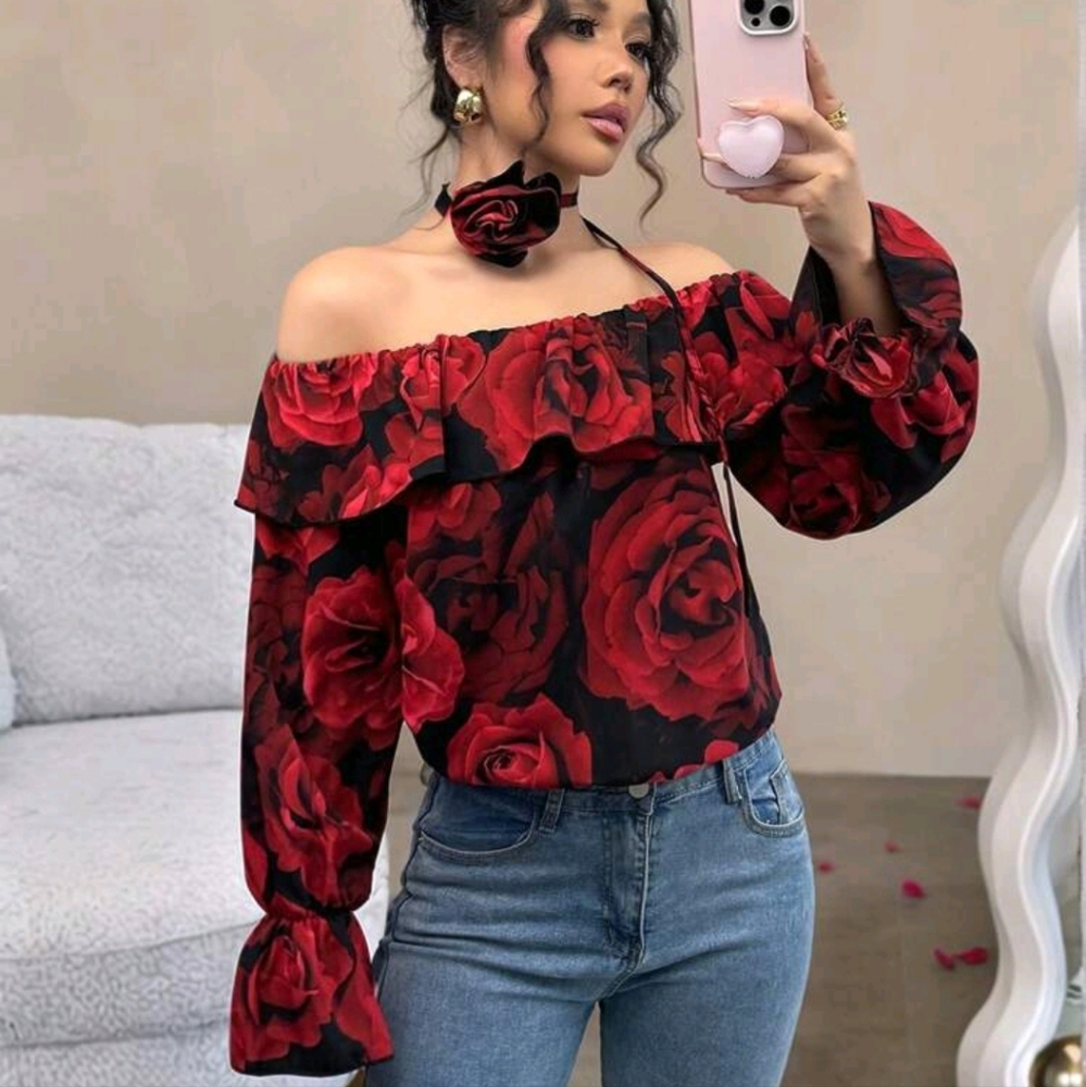 Rose Color Long Sleeve Off Shoulder Shirt With 3D Rose Design Scarf Collar - Picture 1 of 4